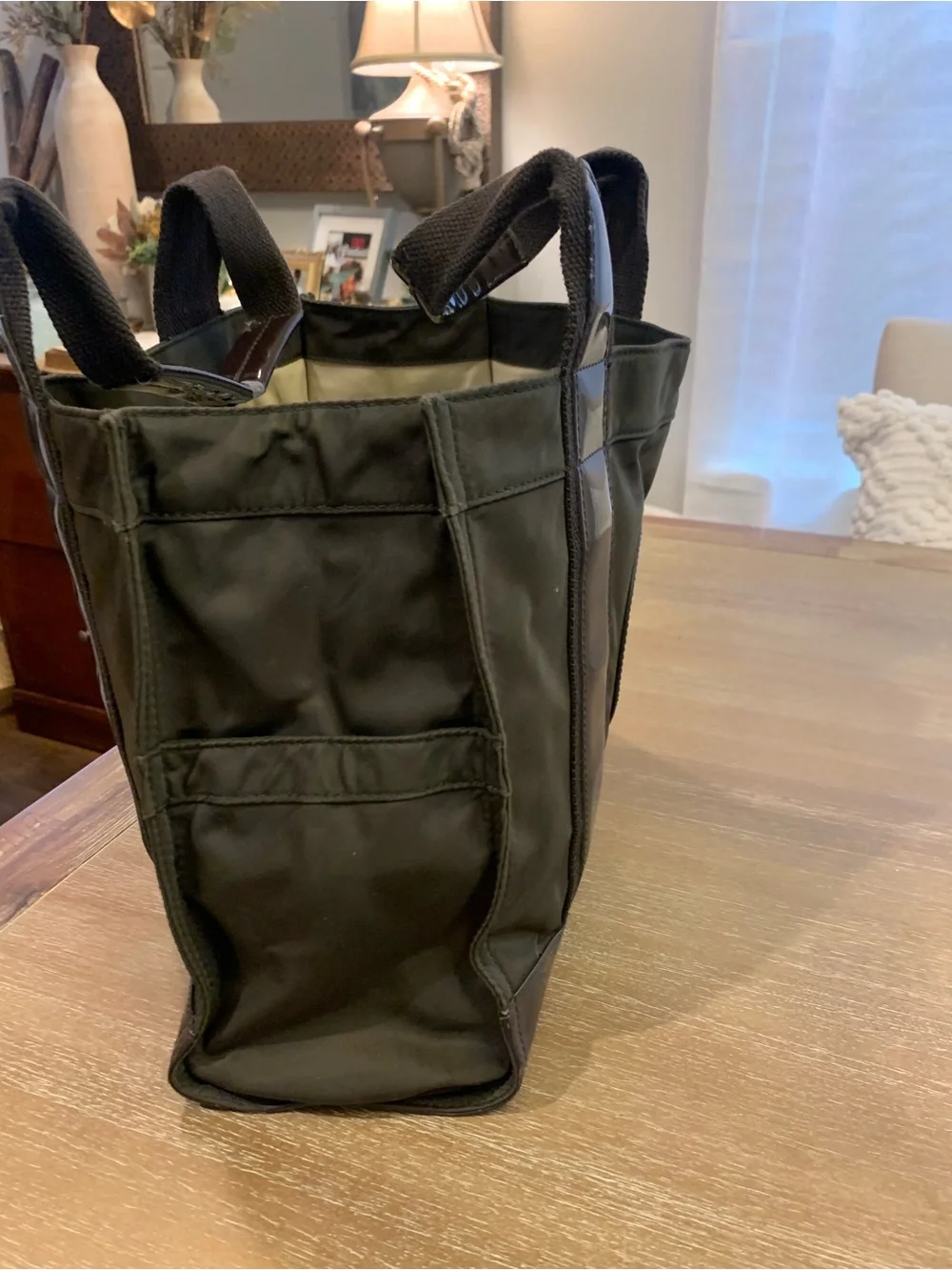 Tory Burch Olive and Dark Brown Nylon Tote with Patent Trim